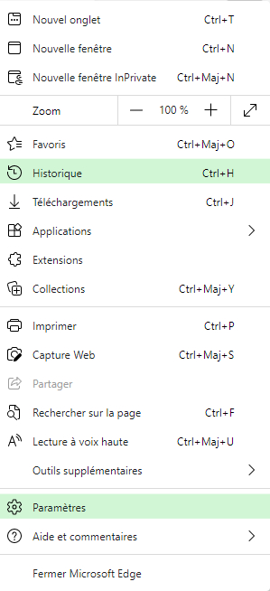 menu du navigateur Edge