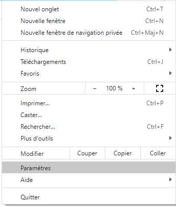 menu du navigateur Chrome